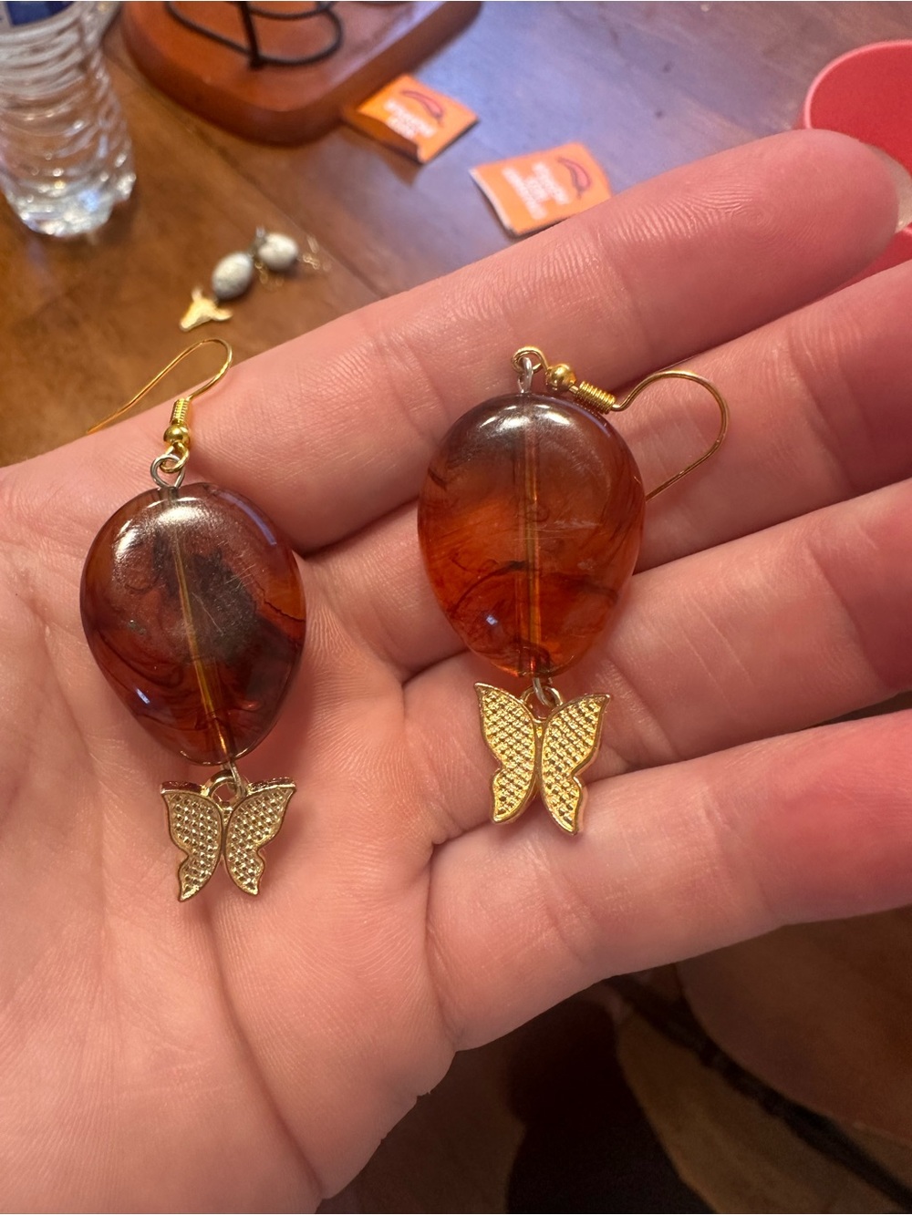 Amber Glass Drop Earrings with Gold Butterfly Charm - Brown